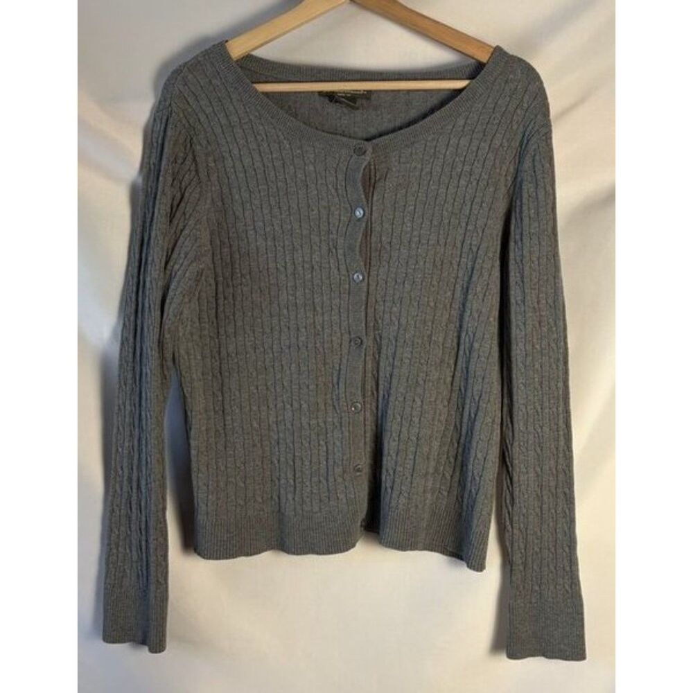 Eddie Bauer Grey Cable Knit Button Front Cardigan Sweater Women's Size XL Cotton